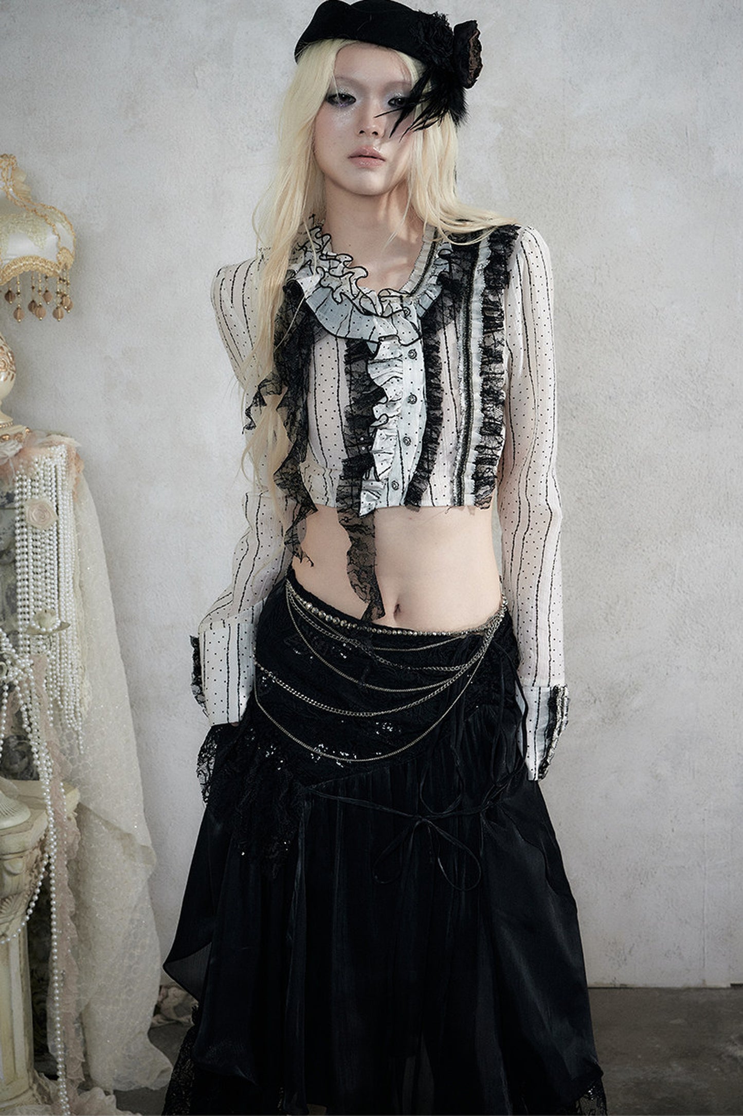 Asymmetric Polka Dot Striped Lace Shirt