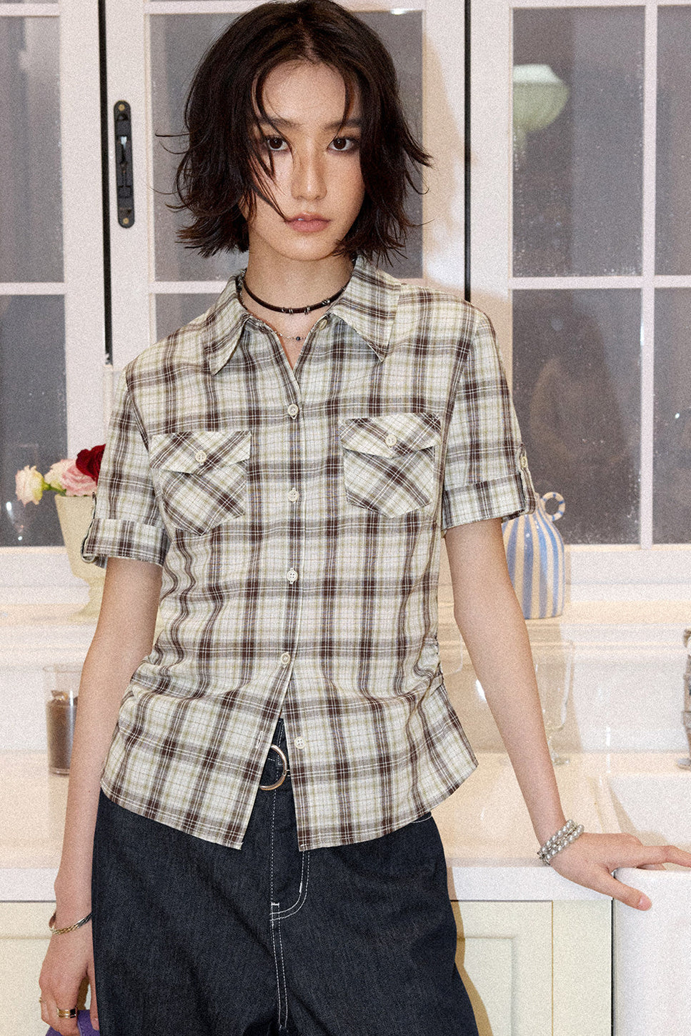 Color-Block Pocket Plaid Blouse