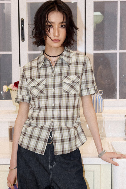 Color-Block Pocket Plaid Blouse