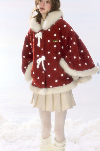 Red Polka Dot Plush Hooded Jacket