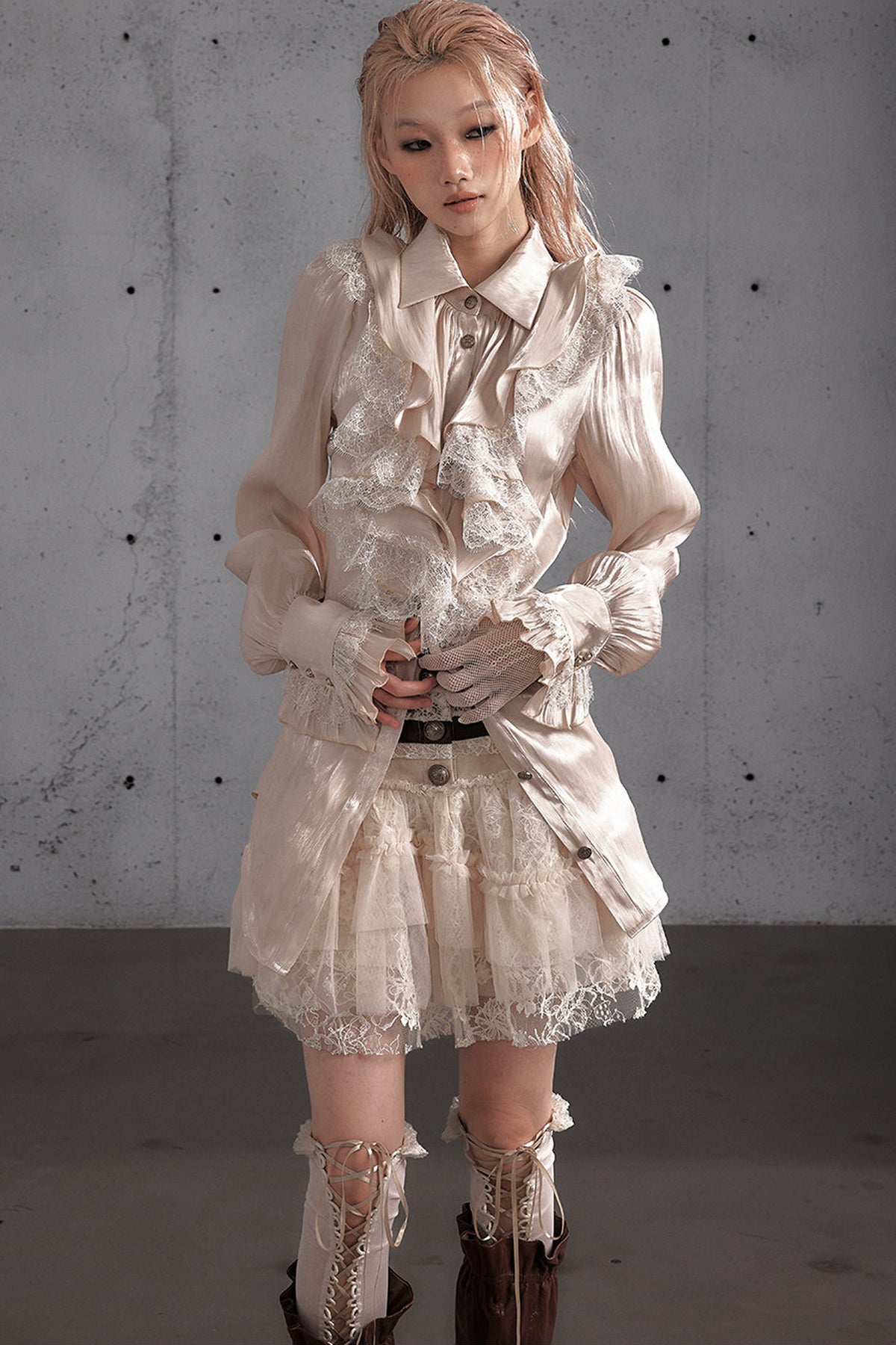 Lace Patchwork Pleated Multi-Layered Puffy Skirt