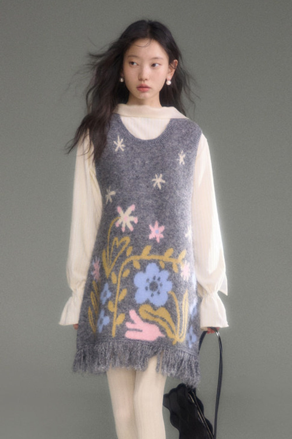 Moonlight Waterfall Long-Sleeve Ribbon Top and Skirt Set-Up