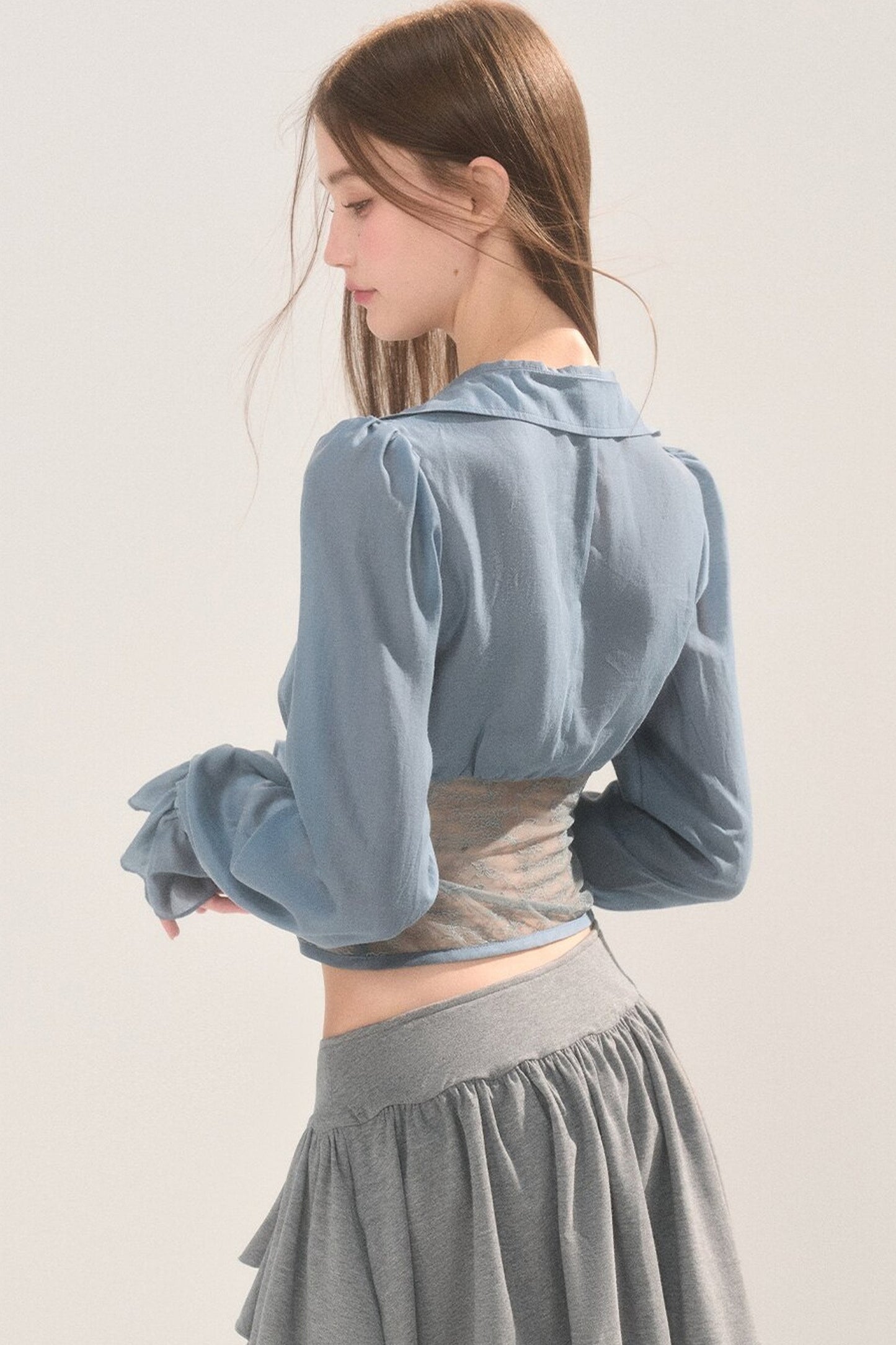 Short Lace Panel V-Neck Shirt