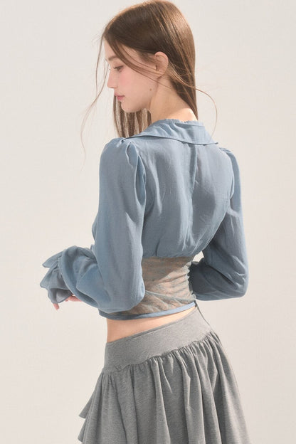 Short Lace Panel V-Neck Shirt
