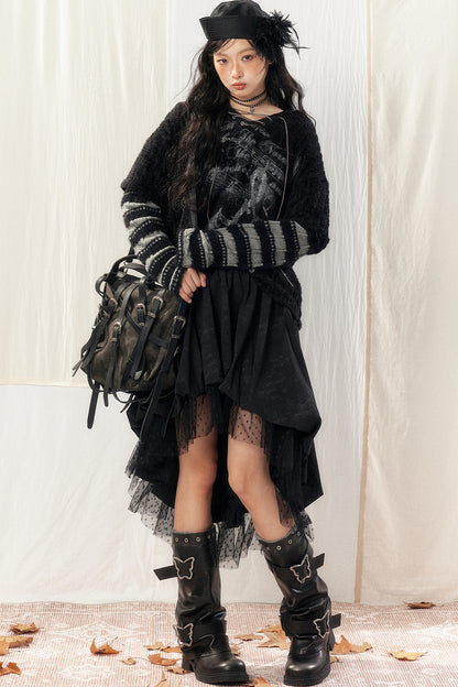 Light Striped Patchwork Hooded Knit Sweater