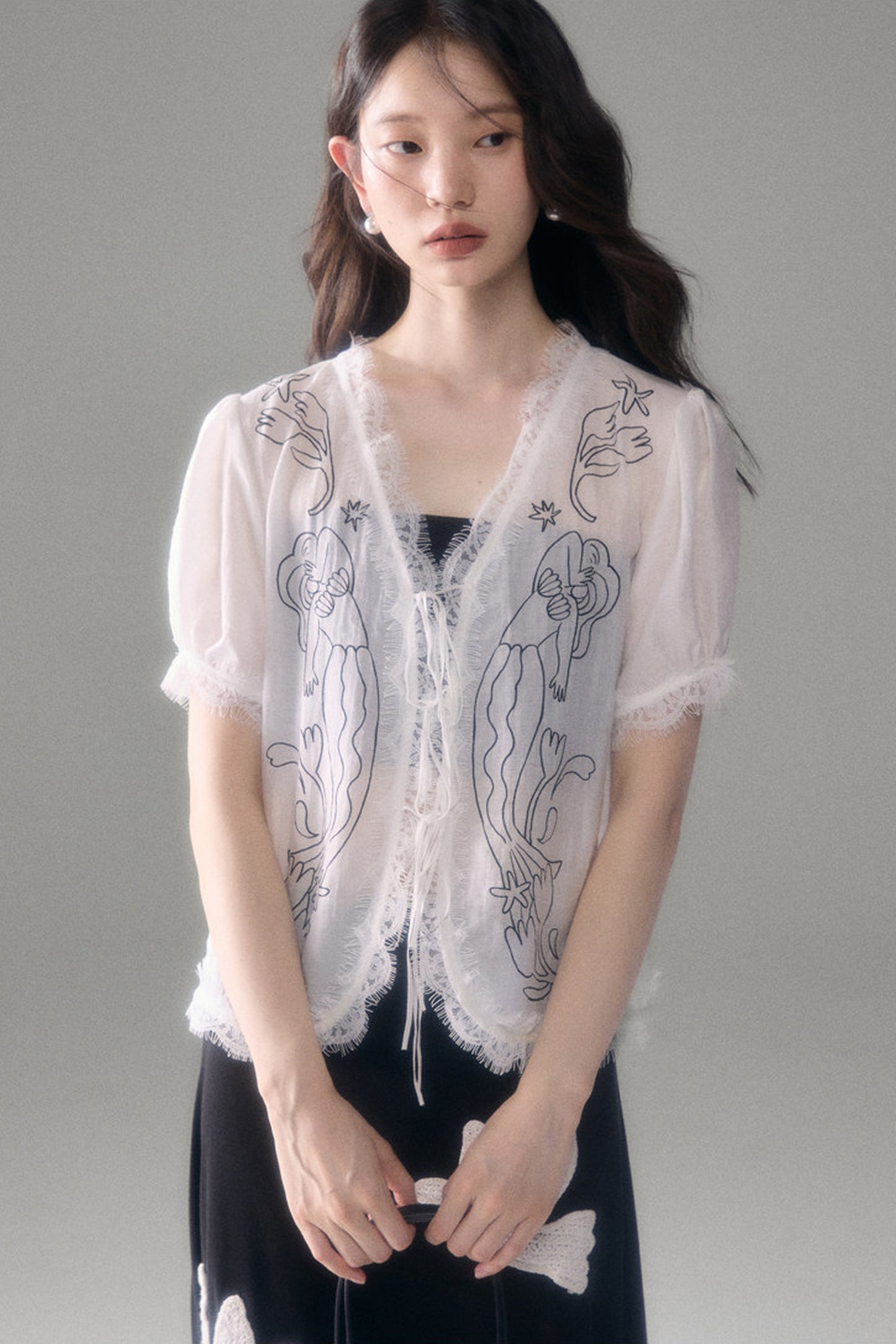 Mermaid Print Tencel Linen Short-Sleeve Shirt