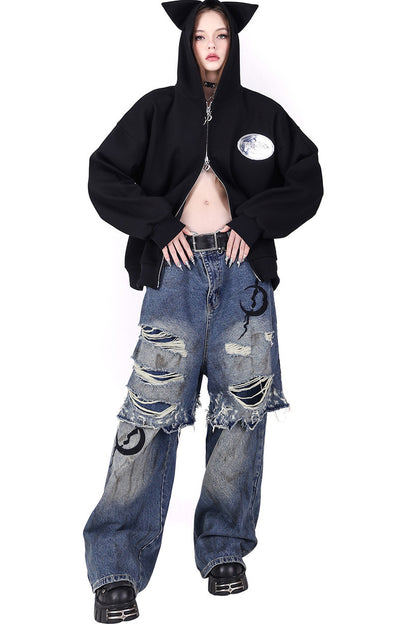 Cat Ear Double Zipper Hooded Jacket
