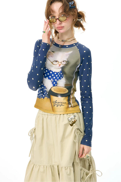 Tee-shirt raglan à imprimé chat et pois