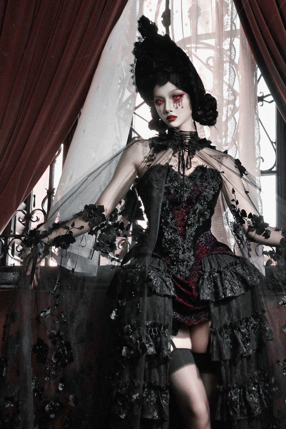 Ensemble blouse corset gothique en velours cramoisi