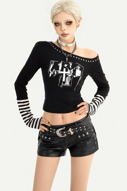 Off-Shoulder Letter Print Long Sleeve T-shirt