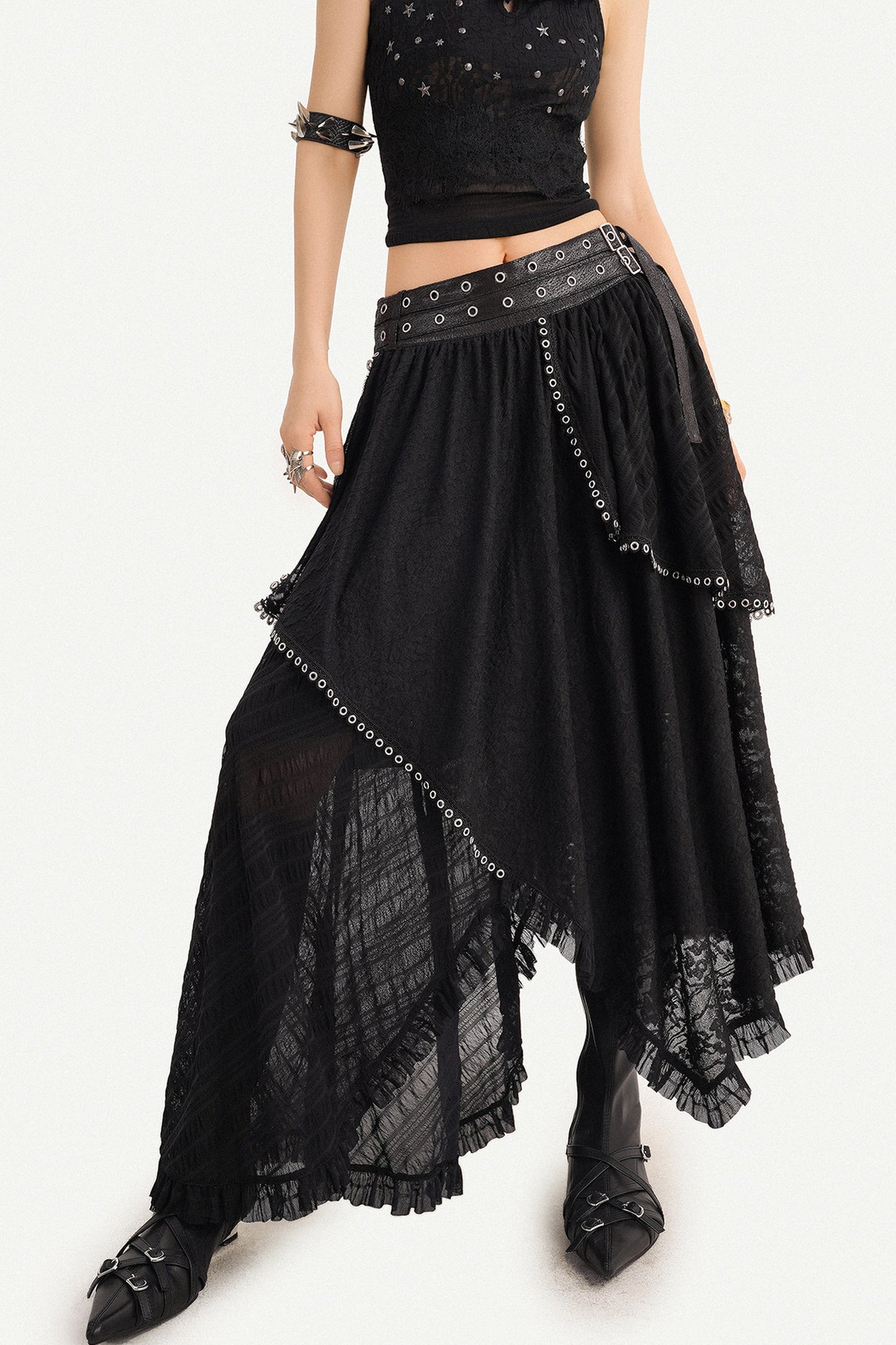Gothic Lace Mesh Asymmetric Layered Hem Skirt