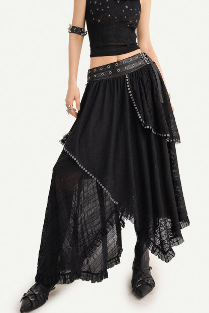 Gothic Lace Mesh Asymmetric Layered Hem Skirt