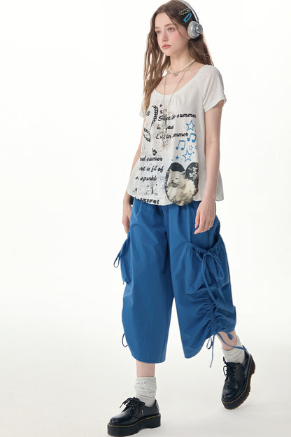 Marineblaues Kurzarmshirt mit Katzenmotiv