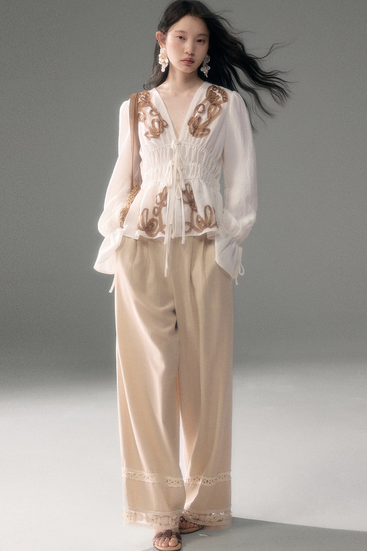 3D Tulip Floral Tencel Linen Blouse