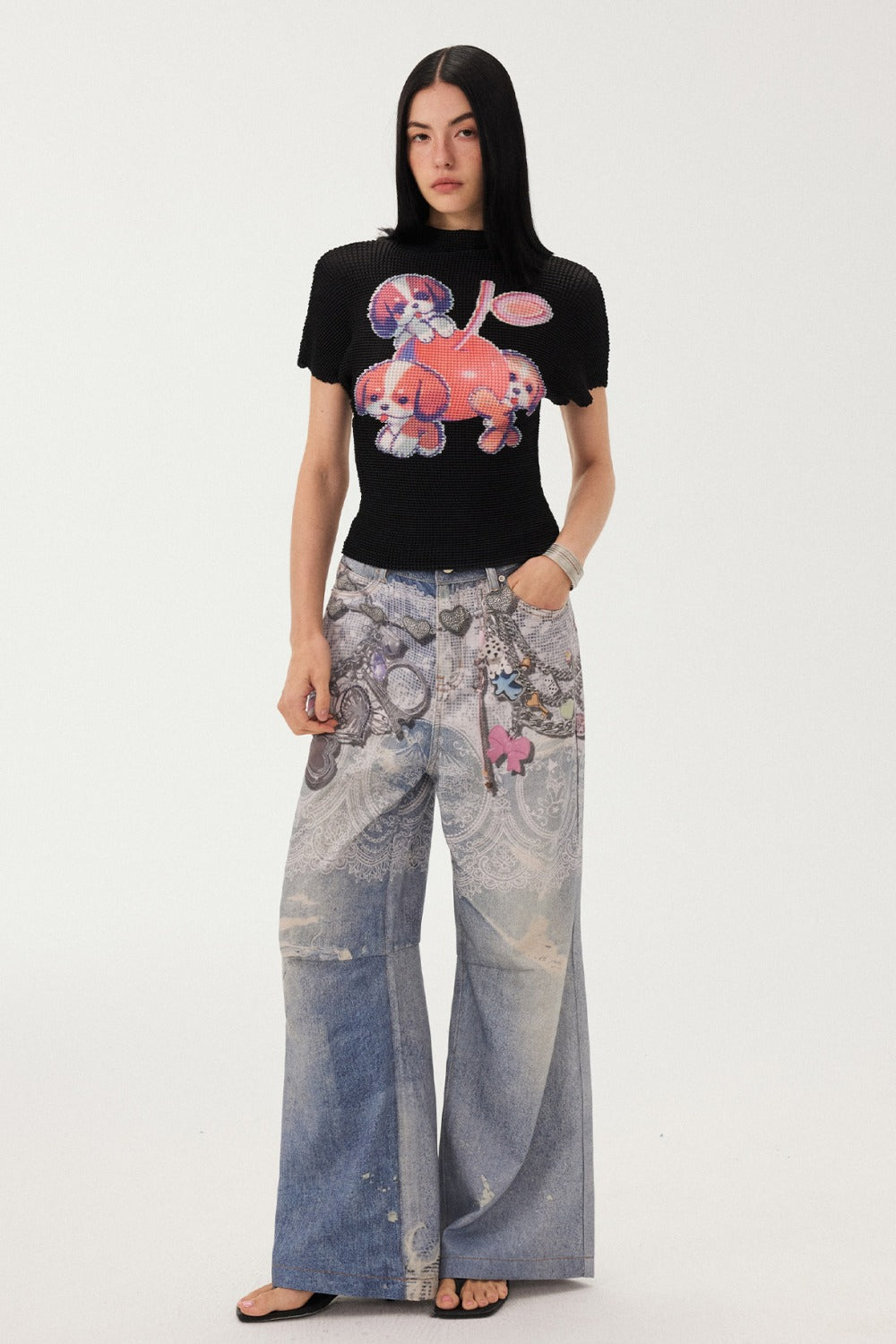 Blue Chain Detail Wide-Leg Straight Denim Pants
