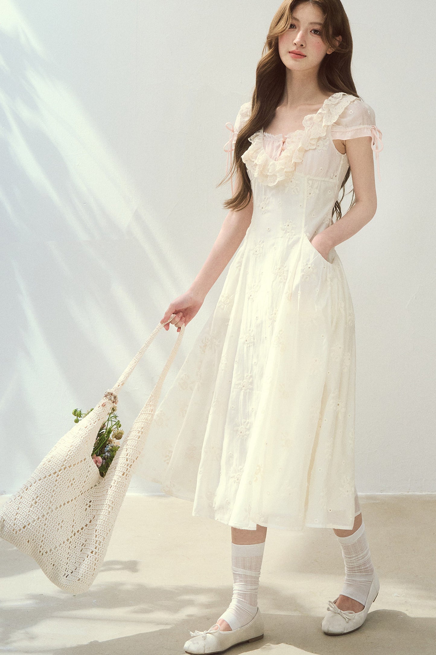 Rose Embroidered Square Neck Long Dress