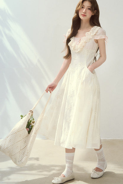 Rose Embroidered Square Neck Long Dress