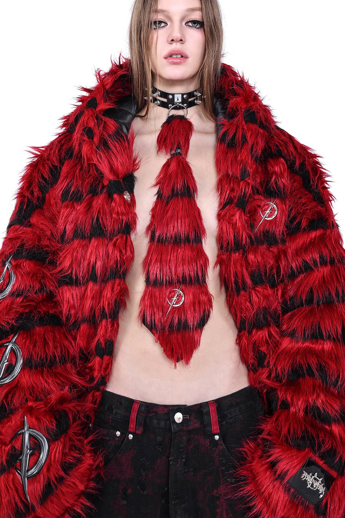 Oversized Silhouette Black Red Fur Coat