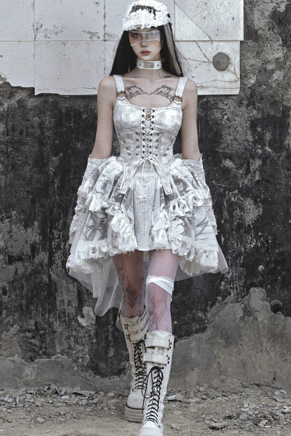 Distressed Suede Trailing Tie-Up Suspender Dress