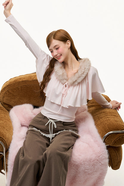 Large Ruffle Cape Shawl Fur Top