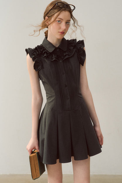 Robe rétro gris foncé à col à volants