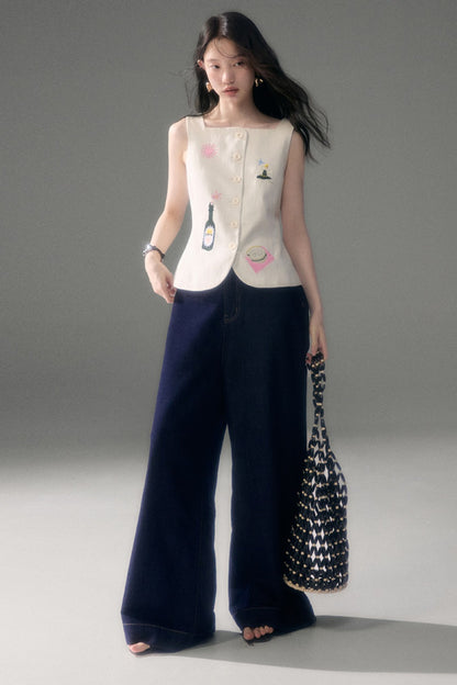 Ear Detail Tencel Cotton Embroidered Vest and Shorts Set-Up