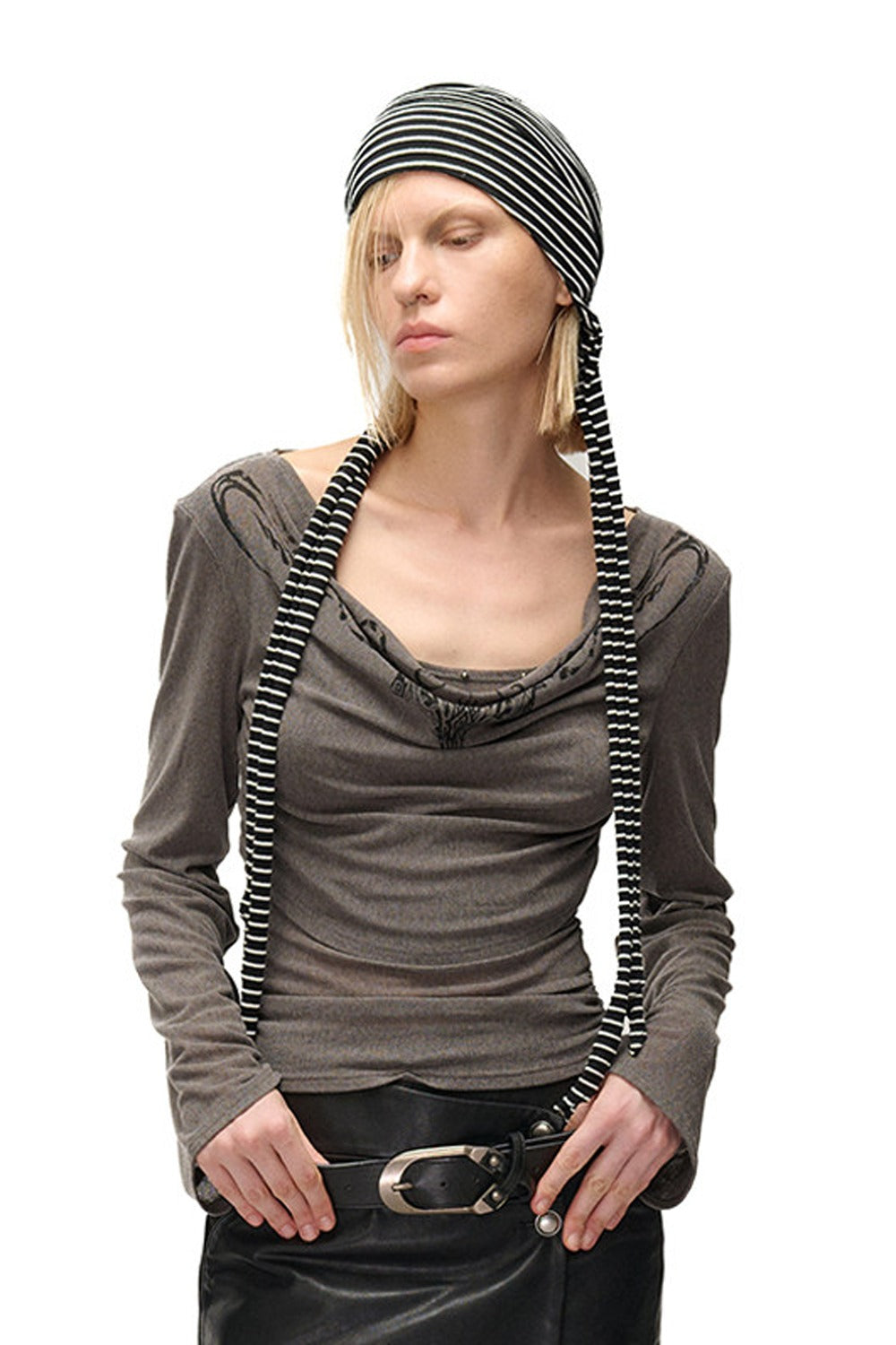 Printed Drape Neck Long-Sleeve T-Shirt
