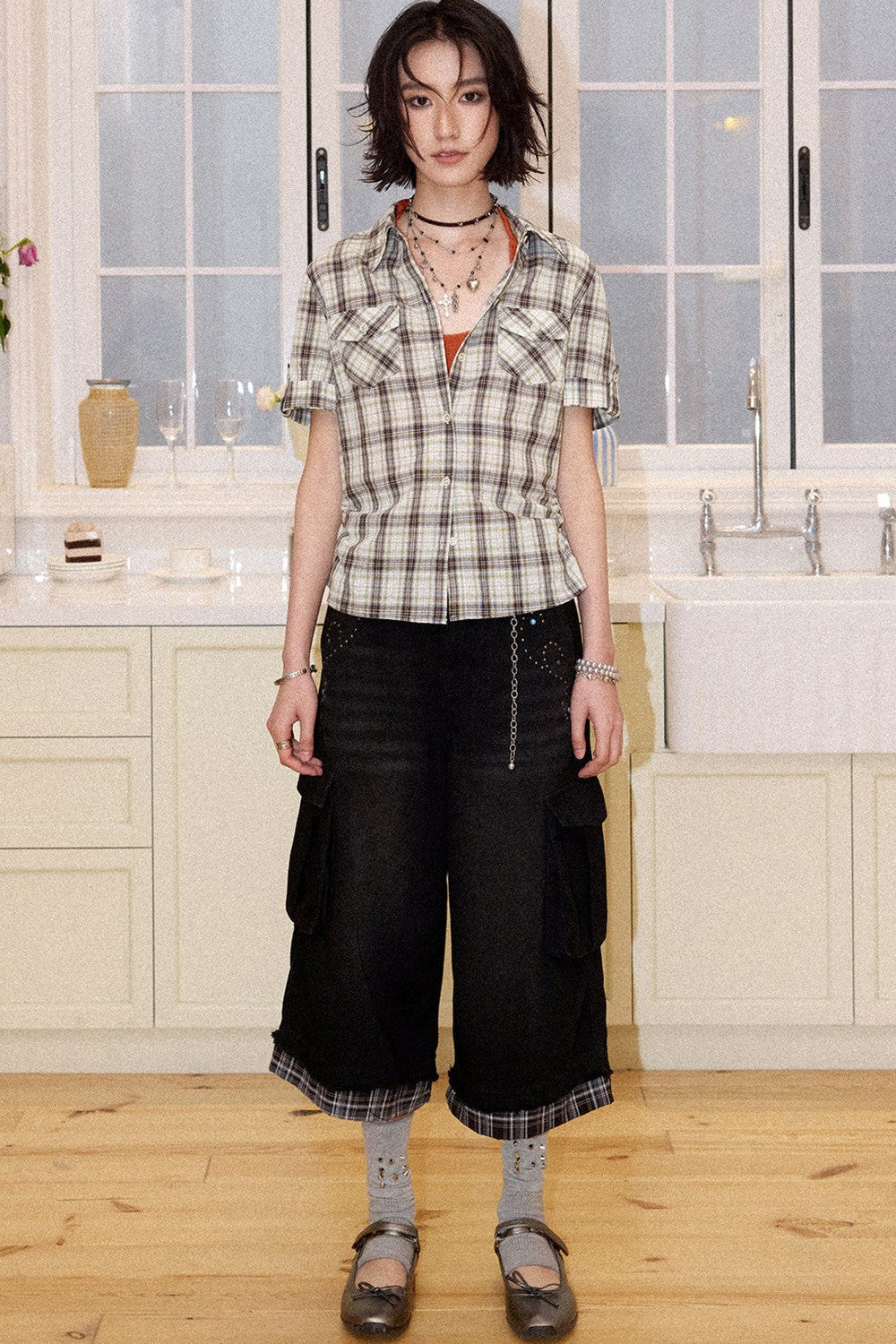 Color-Block Pocket Plaid Blouse