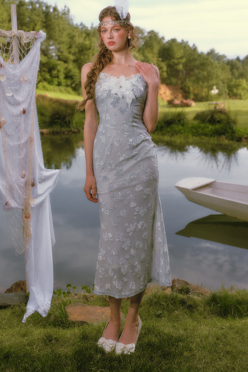 Little Swan Floral Fishtail Dress Shawl Set-Up