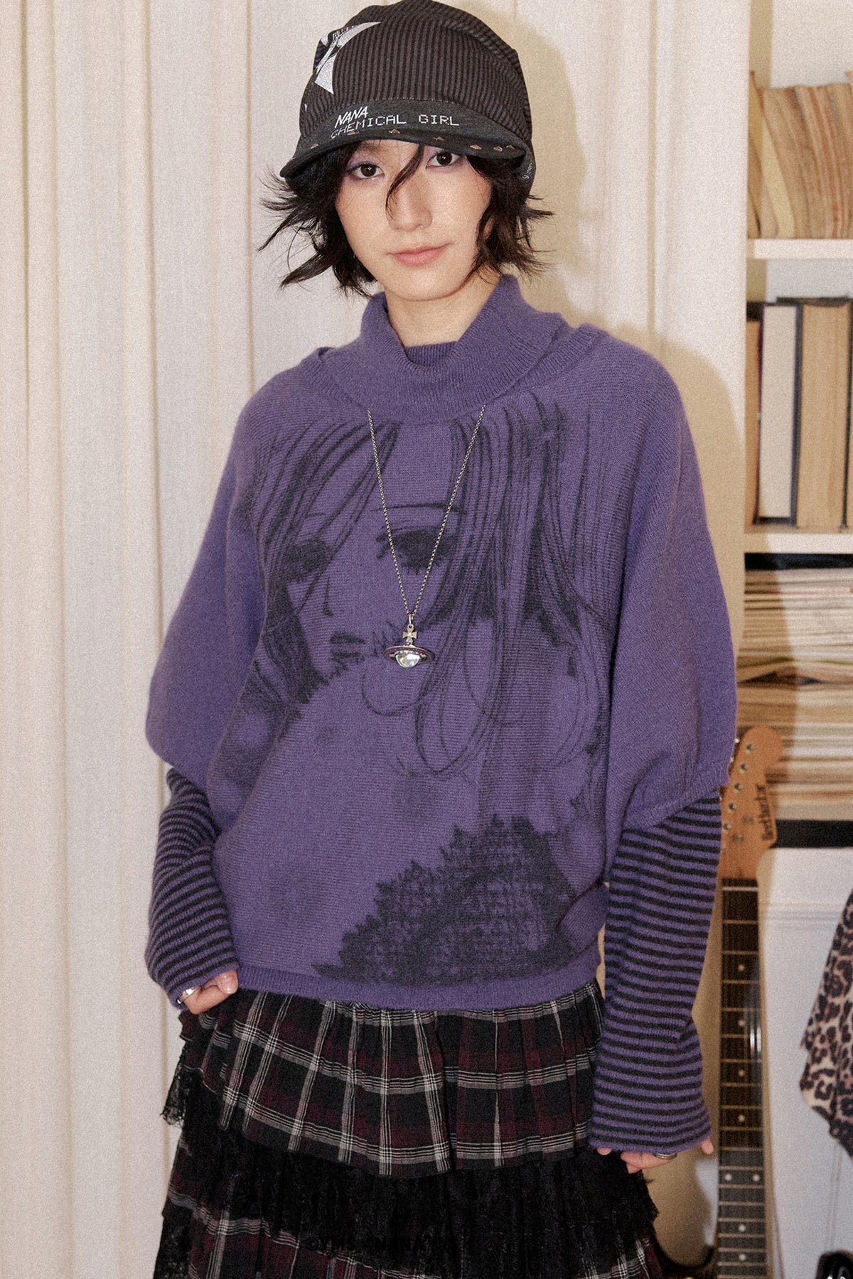 Gray Purple Nana Print Batwing Sweater