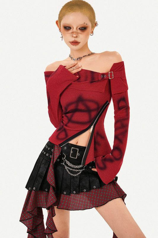 Asymmetrical Plaid Skirt with Tassel Belt and Knit Top Set