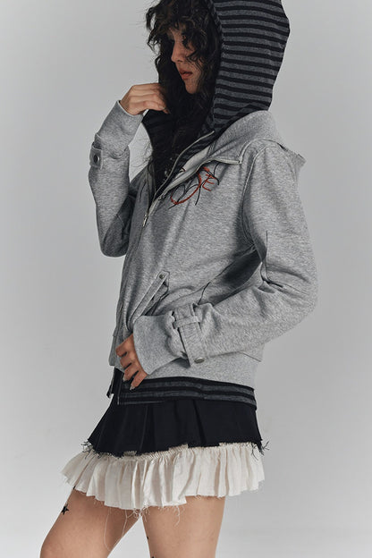 Striped Embroidered Knit Hooded Jacket