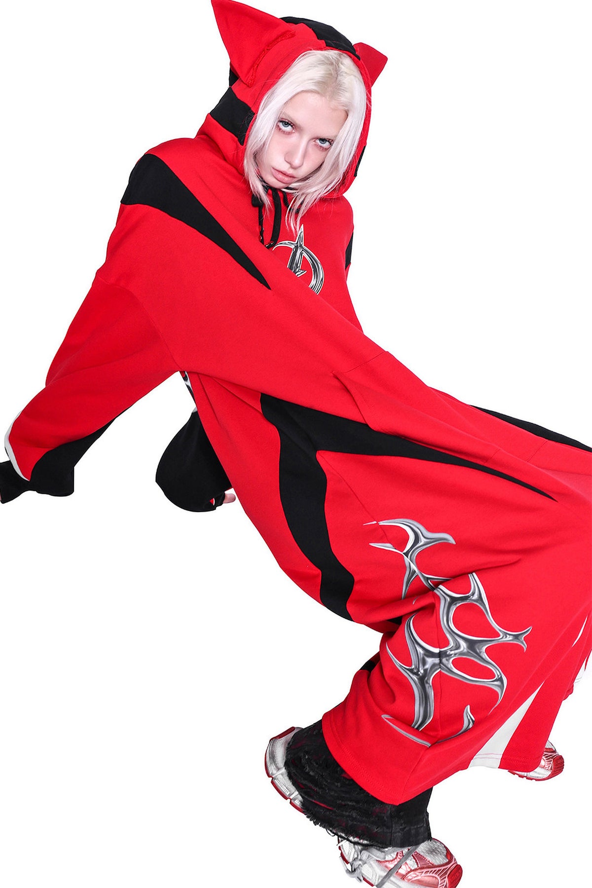 Cat Ear Spliced Racing Stripe Long Hoodie