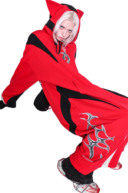 Cat Ear Spliced Racing Stripe Long Hoodie