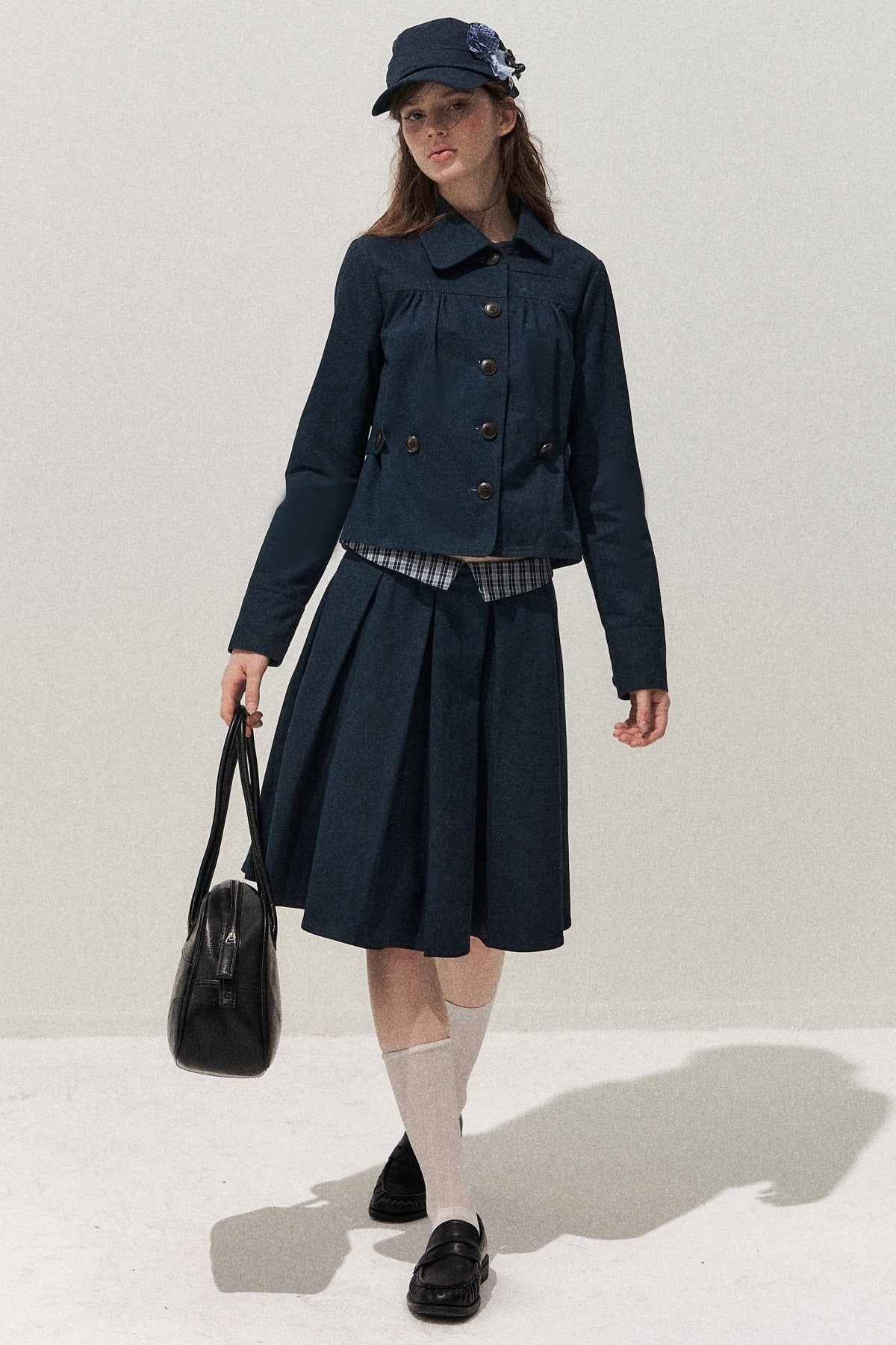 Navy Denim Jacket and Pleated Skirt Set-Up