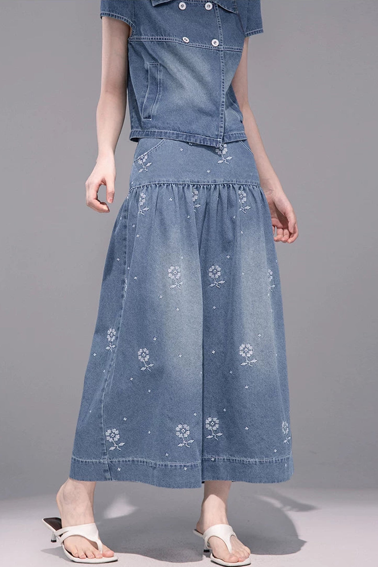 Gentle Denim Cropped Top and Skirt Set