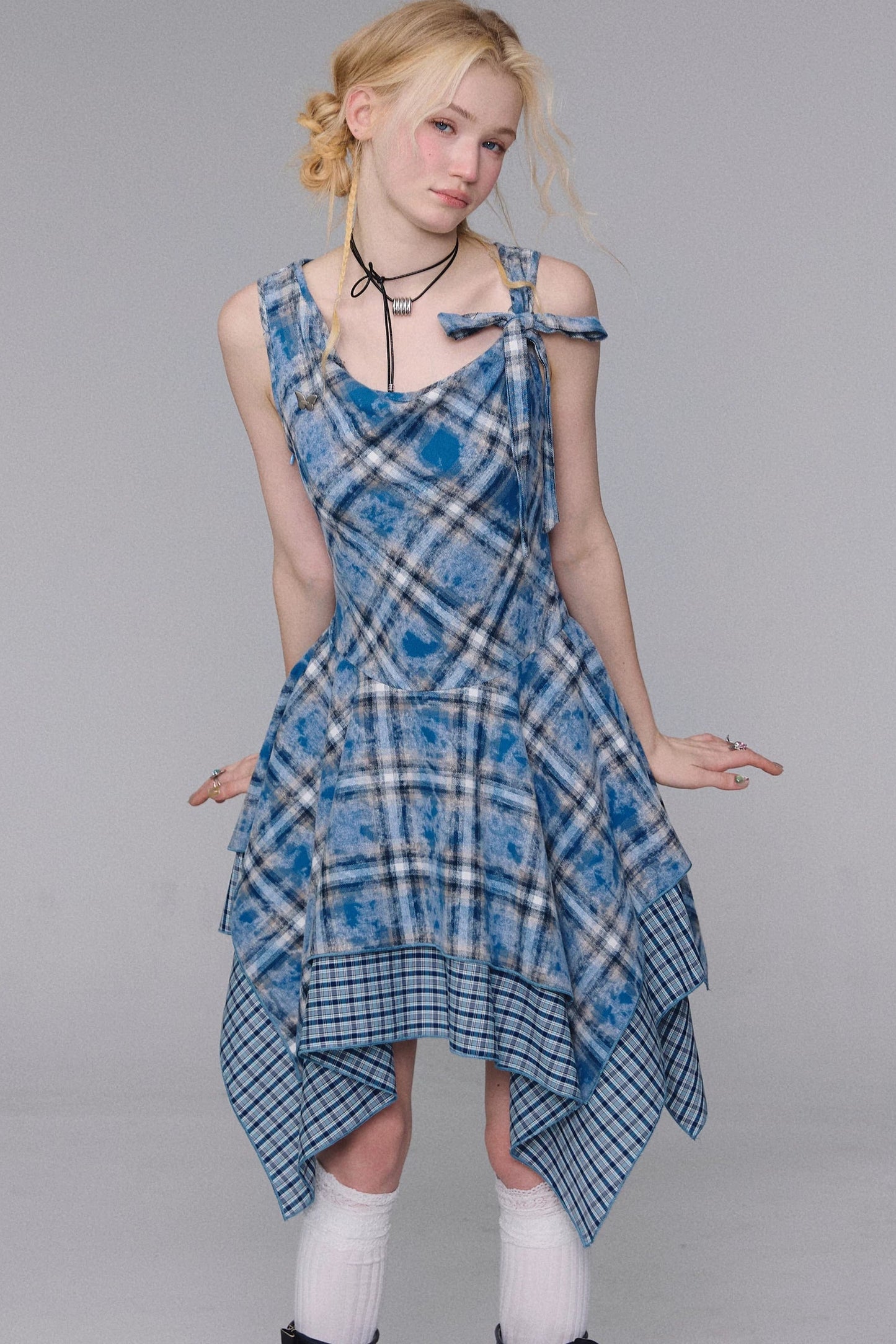 Irregular Blue Plaid Camisole Dress