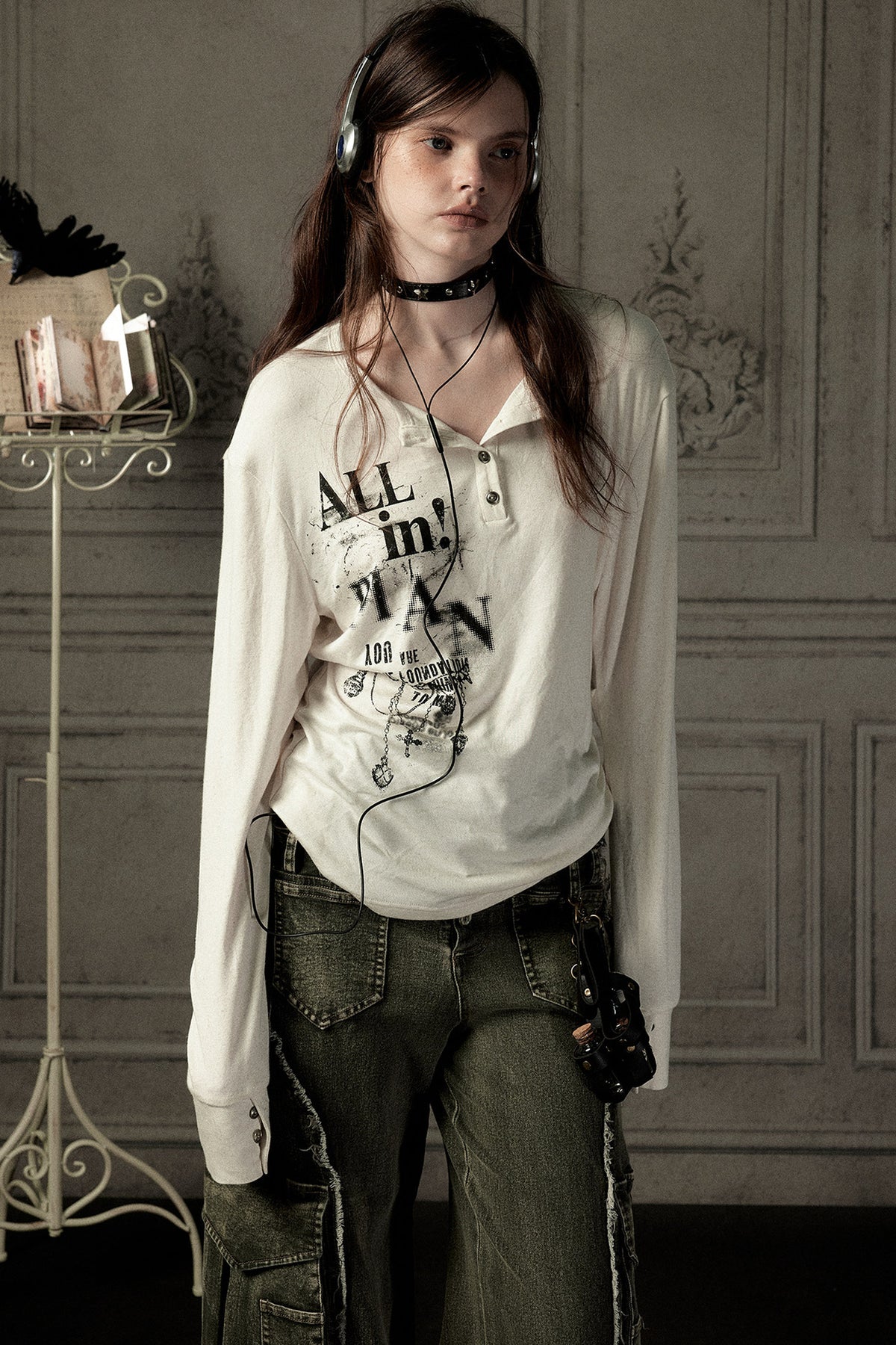 Beige Printed Long-Sleeved T-Shirt