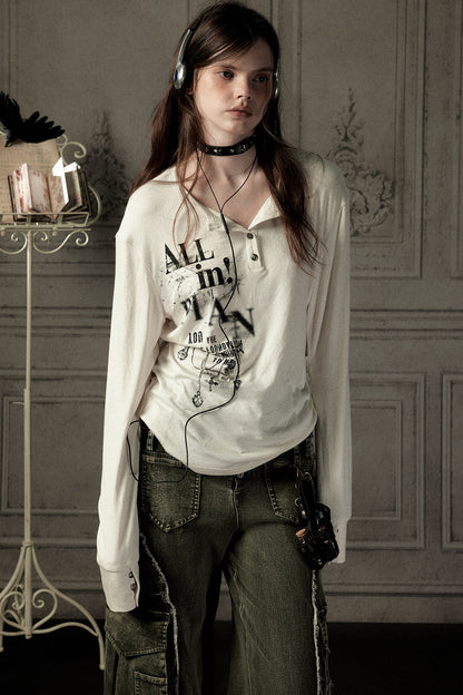 Beige Printed Long-Sleeved T-Shirt