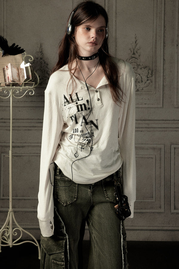 Beige Printed Long-Sleeved T-Shirt