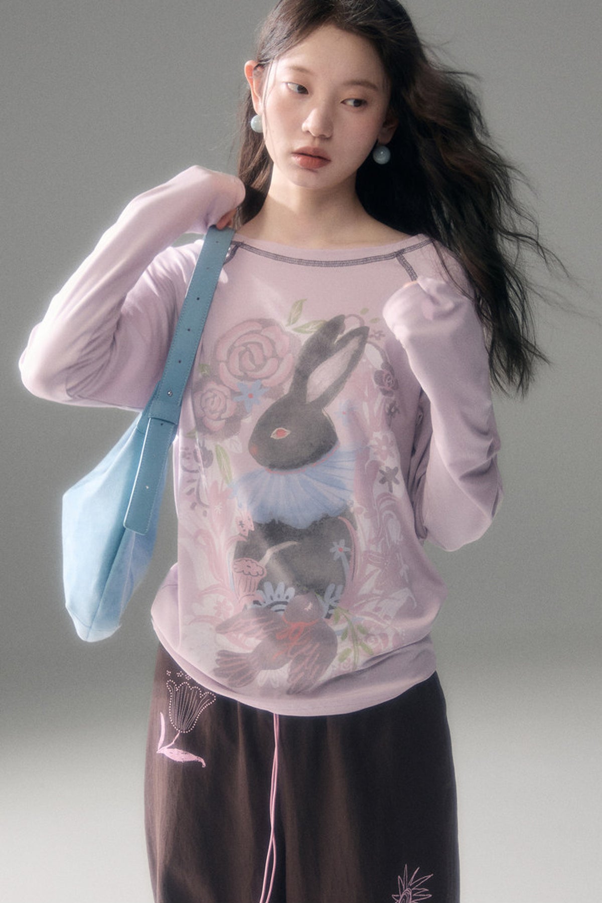 Bunny Print Tencel Long-Sleeved T-Shirt and Pants Set-Up