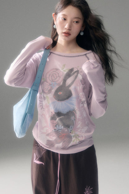 Bunny Print Tencel Long-Sleeved T-Shirt and Pants Set-Up
