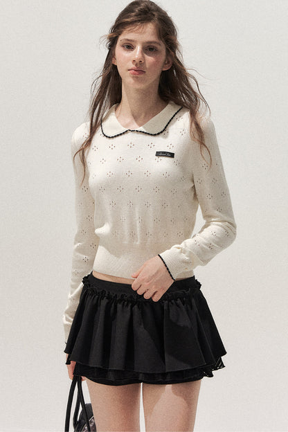 Collar Floral Hollow Knit Top