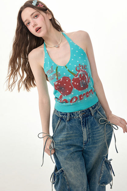 Blue Cherry Print Polka Dot Knit Halter Top