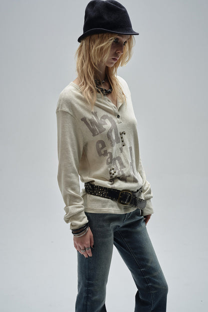Half-Placket Printed Rhinestone Ruched Sleeve T-Shirt