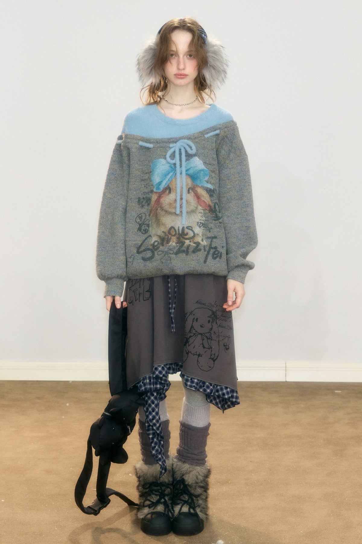 Plaid Graffiti Rabbit Irregular Hem Skirt