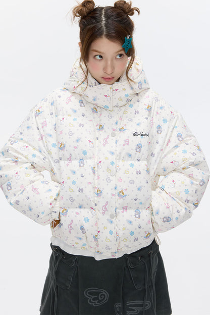 Beige Full Print Hooded Down Jacket