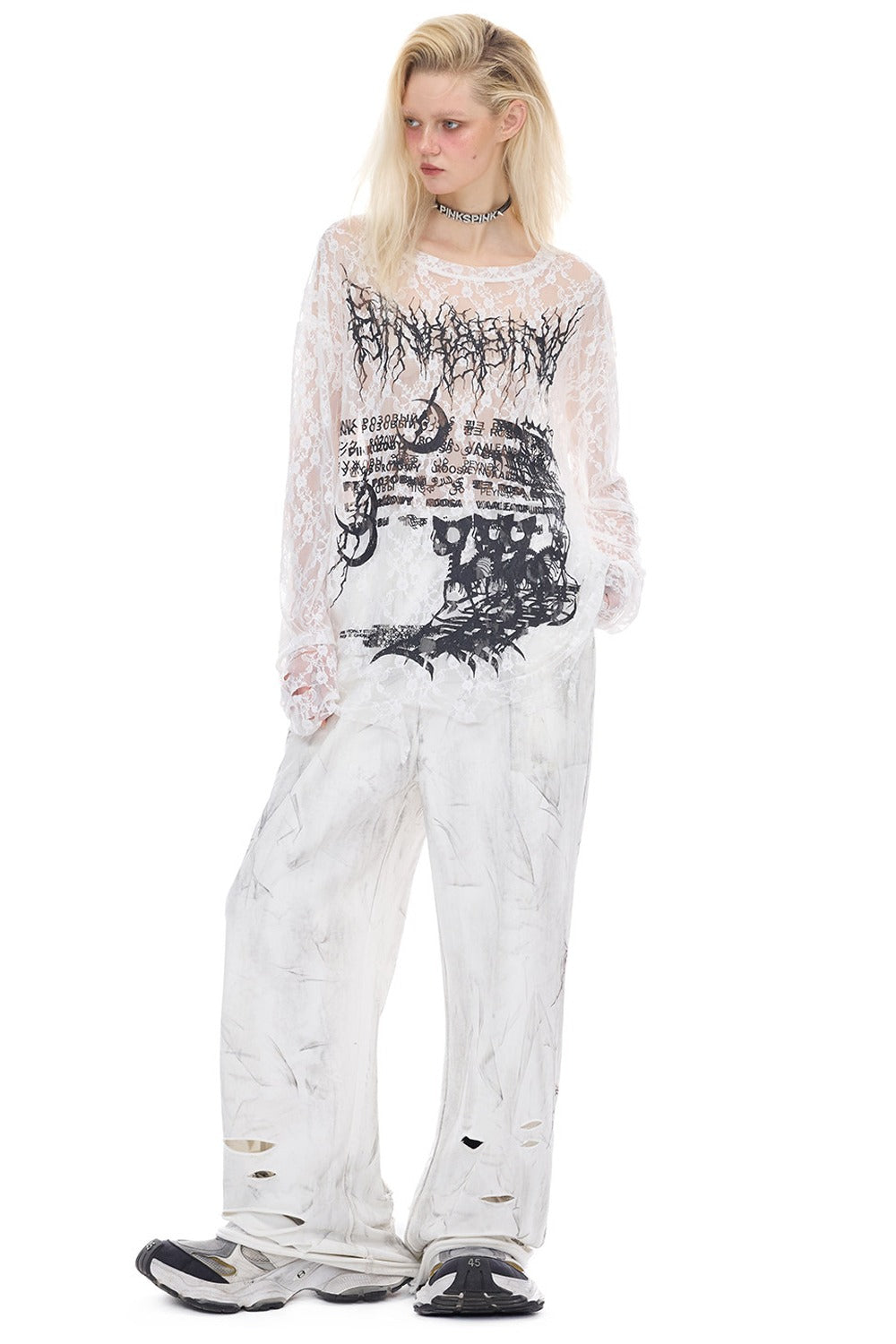 Loose Ripped Lace Cat Print Tee