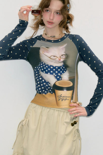 Tee-shirt raglan à imprimé chat et pois