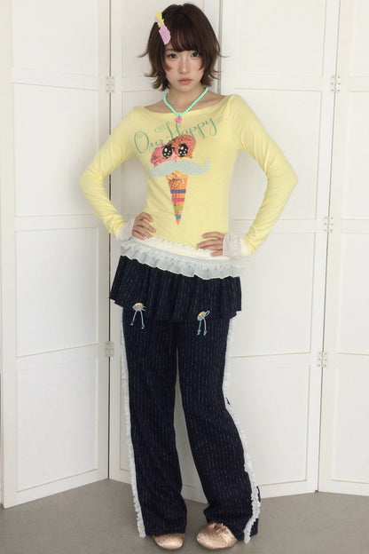 Y2K Printed Boat Neck Lace Top